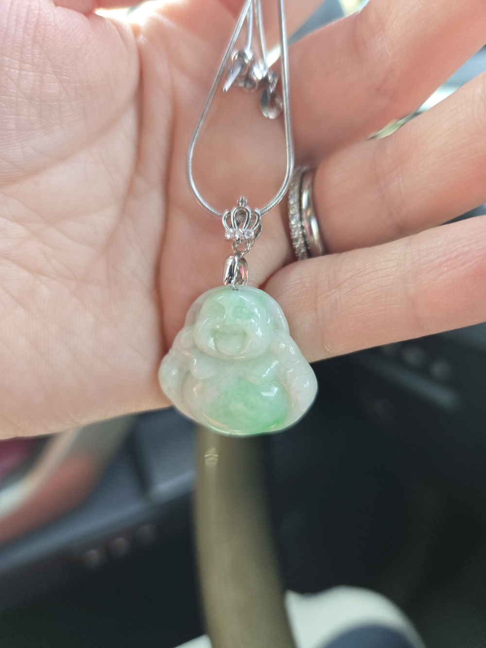 Green and White Jade Buddha Pendant Necklace